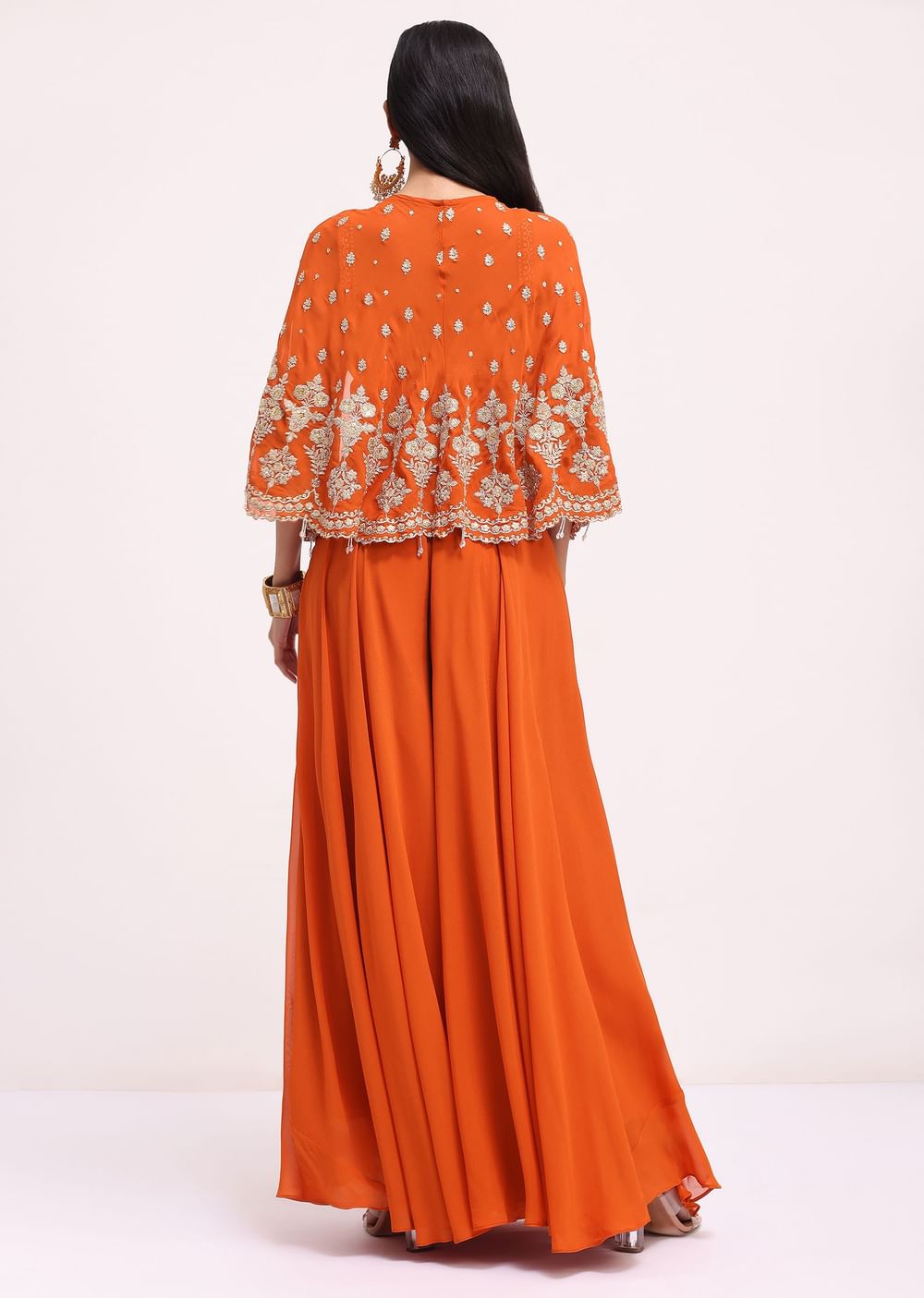 Rusty Orange Palazzo Set With Thread Work Cape