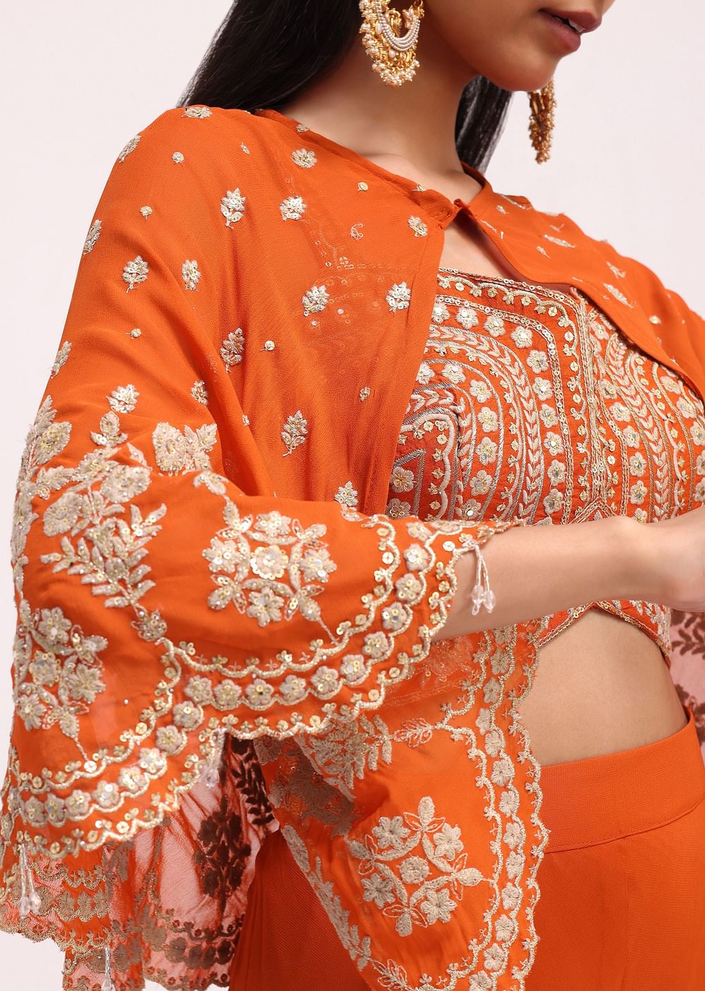Rusty Orange Palazzo Set With Thread Work Cape