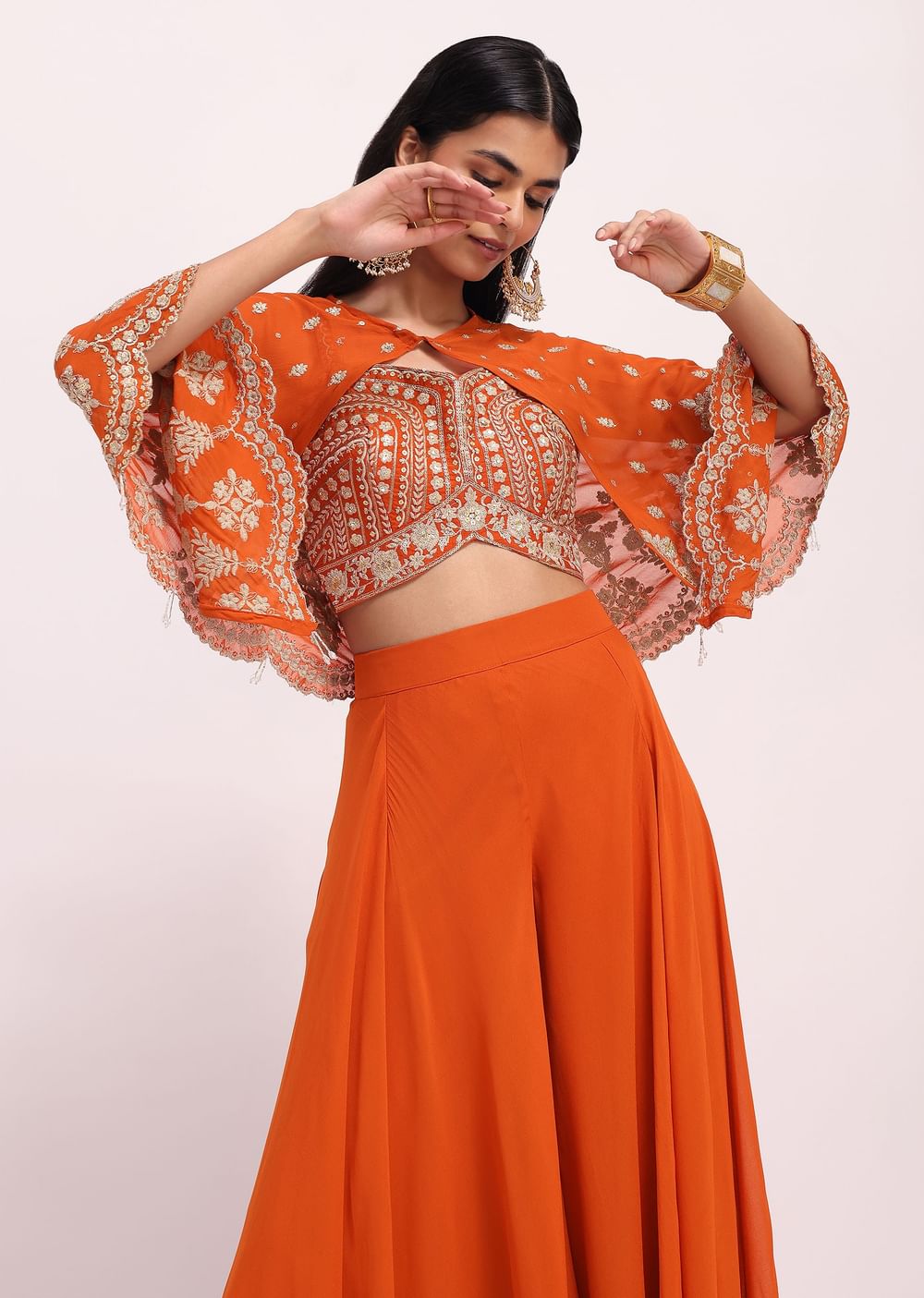 Rusty Orange Palazzo Set With Thread Work Cape
