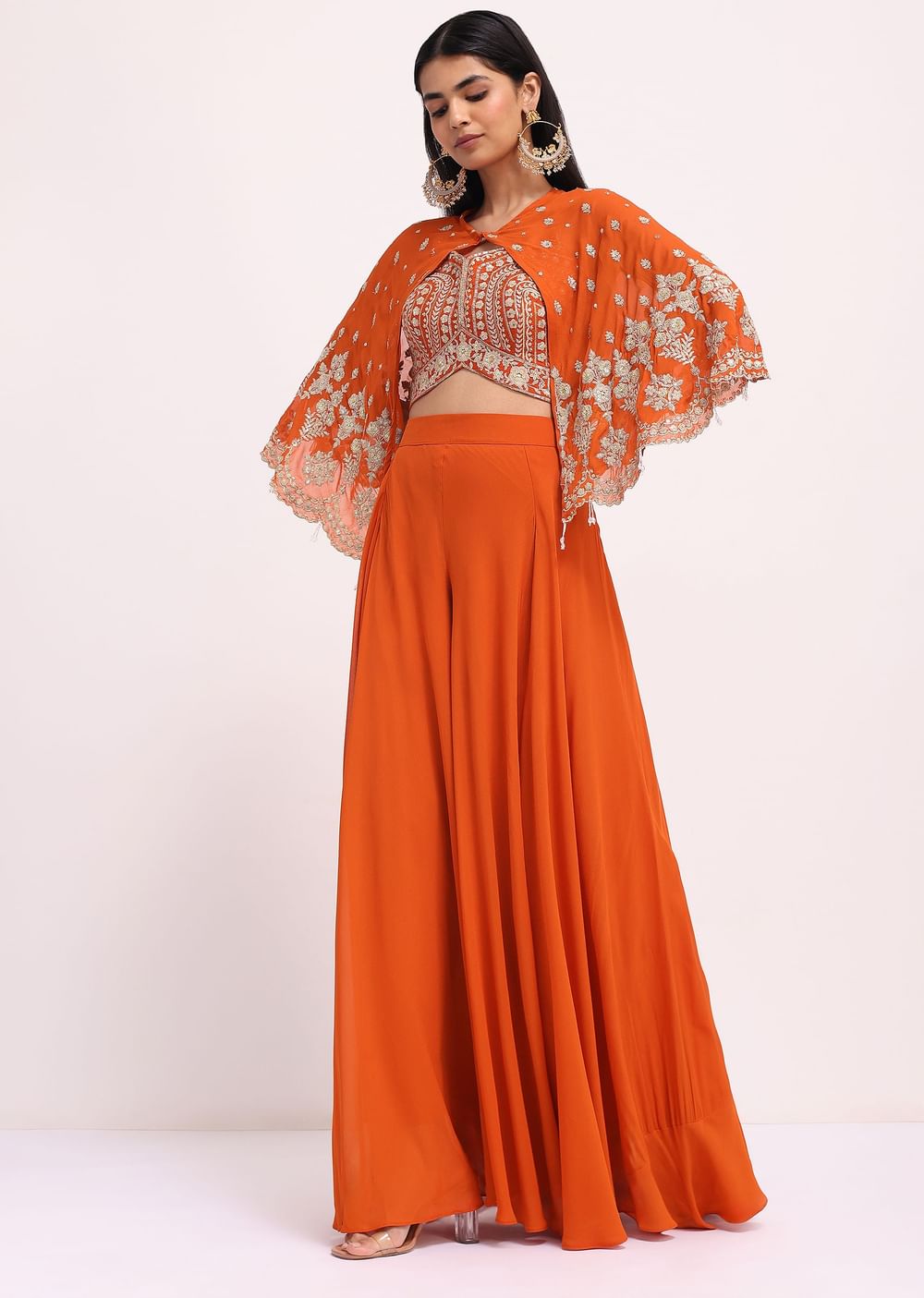 Rusty Orange Palazzo Set With Thread Work Cape