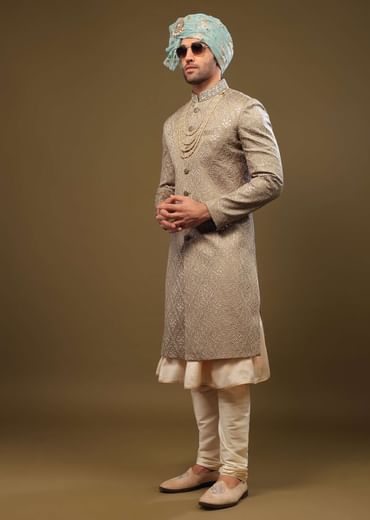 Mocha Brown Silk Sherwani Set With Threadwork And Sequins