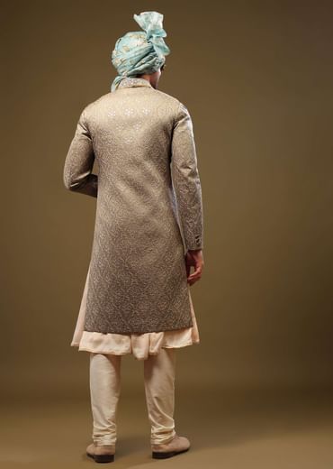 Mocha Brown Silk Sherwani Set With Threadwork And Sequins