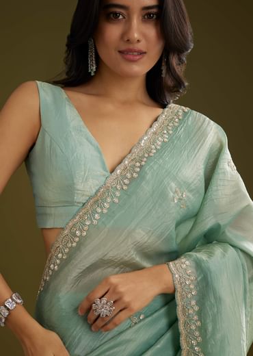 Sage Blue Crush Tissue Stone And Sequin Embroidered Saree With Scallop Border