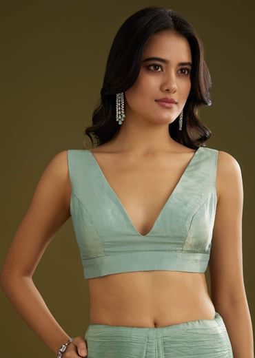 Sage Blue Crush Tissue Stone And Sequin Embroidered Saree With Scallop Border
