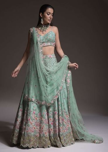 Sage Green Lehenga Choli In Raw Silk With Vibrant Resham Embroidered Cluster Of Summer Blooms And Buttis