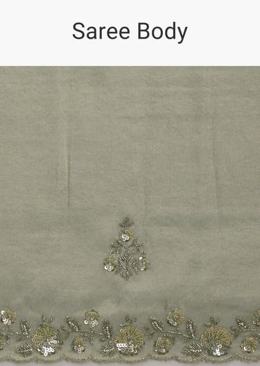 Sage Green Tissue Floral Embroidered Saree With Cutdana And Sequin Work