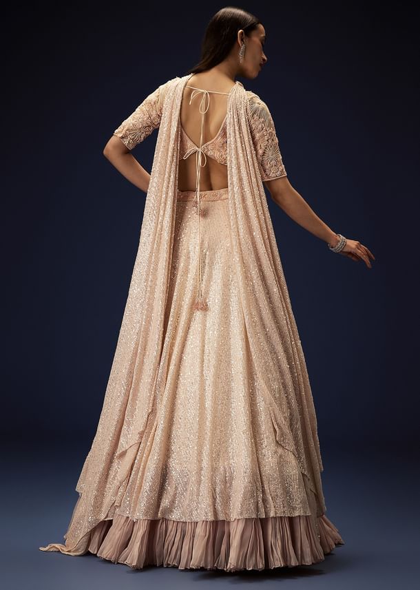Salmon Peach Hand Embroidered Double Layer Sequence Lehenga With Frill