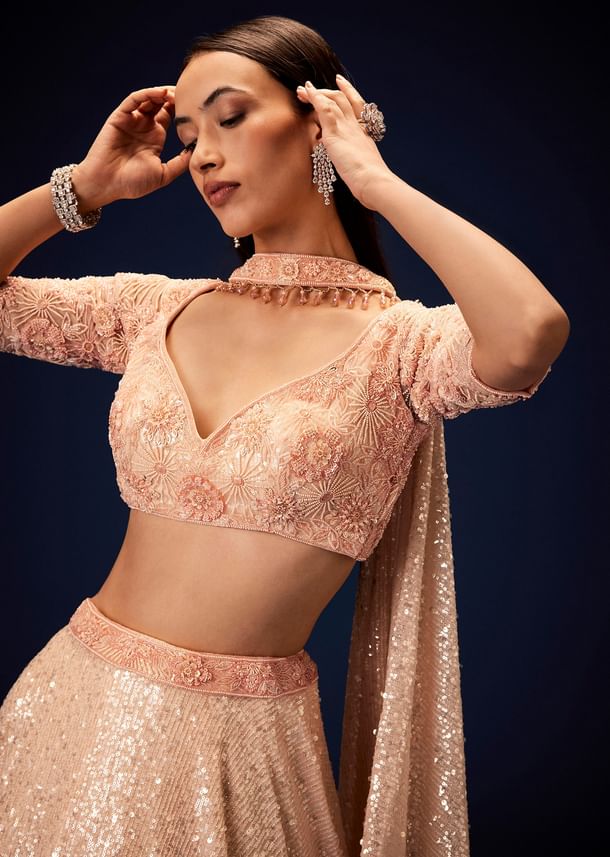 Salmon Peach Hand Embroidered Double Layer Sequence Lehenga With Frill