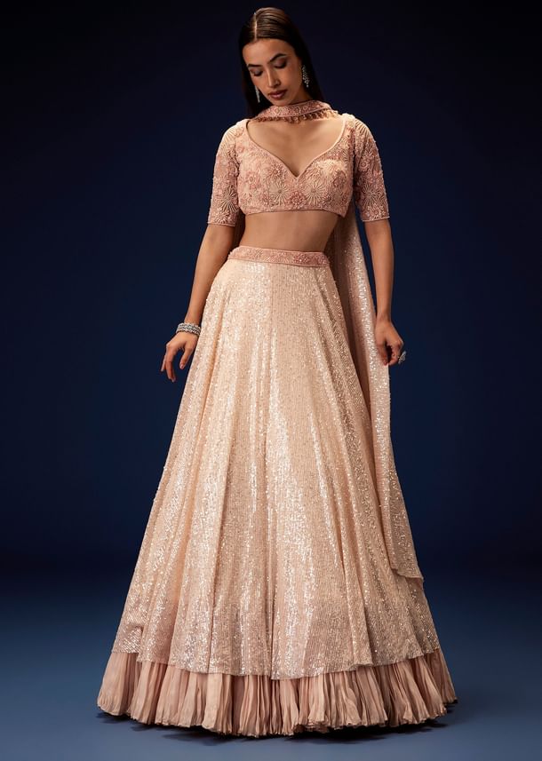 Salmon Peach Hand Embroidered Double Layer Sequence Lehenga With Frill