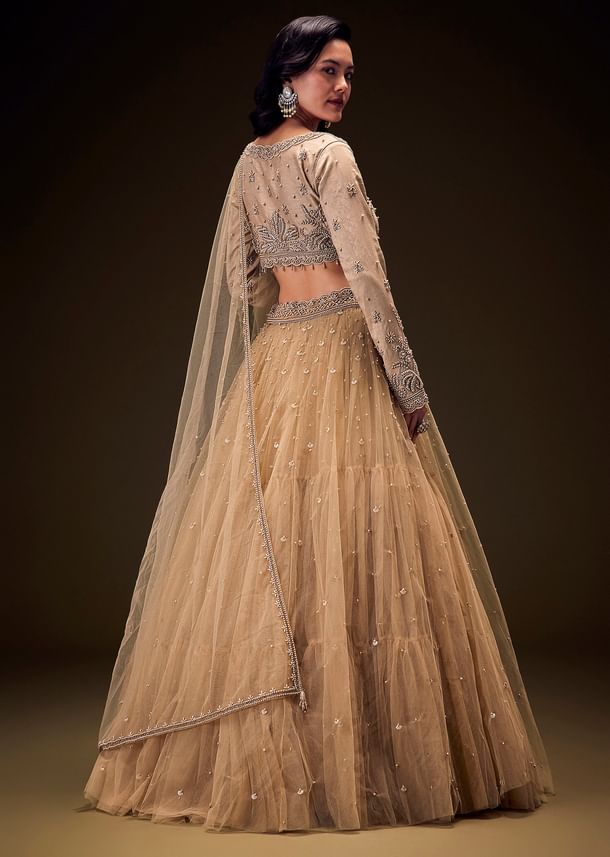 Sand Beige Net Hand Embroidered Pearl Work Lehenga Set