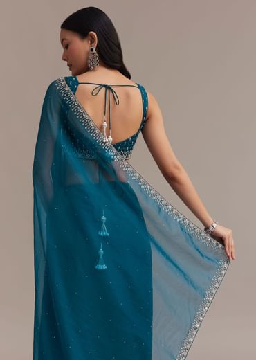 Sapphire Blue Organza Saree With Sequins And Cutdana Embellished Border