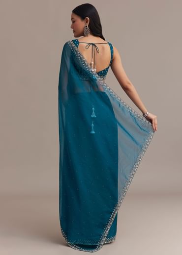 Sapphire Blue Organza Saree With Sequins And Cutdana Embellished Border
