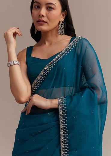 Sapphire Blue Organza Saree With Sequins And Cutdana Embellished Border