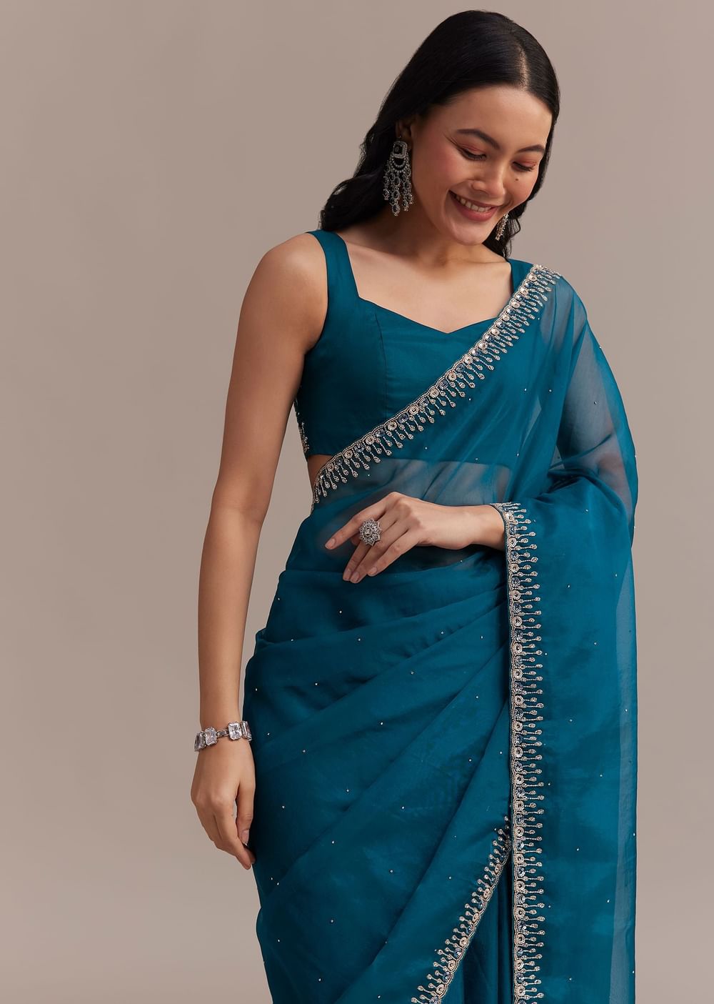 Sapphire Blue Organza Saree With Sequins And Cutdana Embellished Border