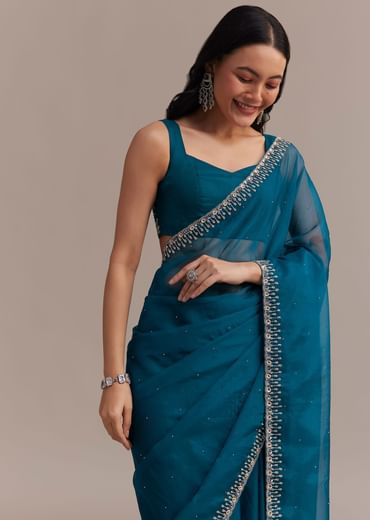 Sapphire Blue Organza Saree With Sequins And Cutdana Embellished Border