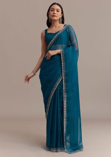 Sapphire Blue Organza Saree With Sequins And Cutdana Embellished Border
