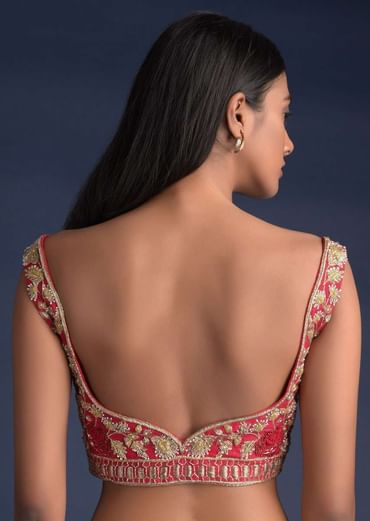 Scarlet Red Blouse In Raw Silk With Floral Jaal Embroidery