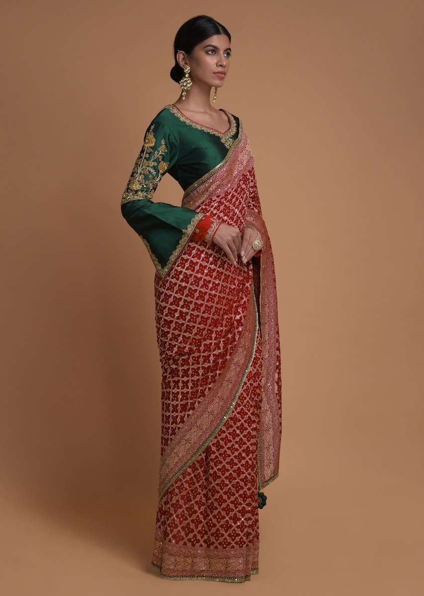 Scarlet Red Saree With Bandhani Print And Weaved Checks Along With Fancy Emerald Green Blouse Online - Kalki Fashion