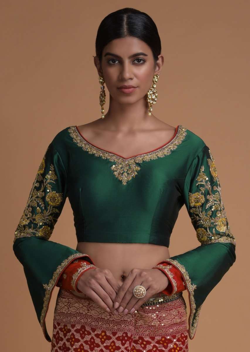 Scarlet Red Saree With Bandhani Print And Weaved Checks Along With Fancy Emerald Green Blouse Online - Kalki Fashion