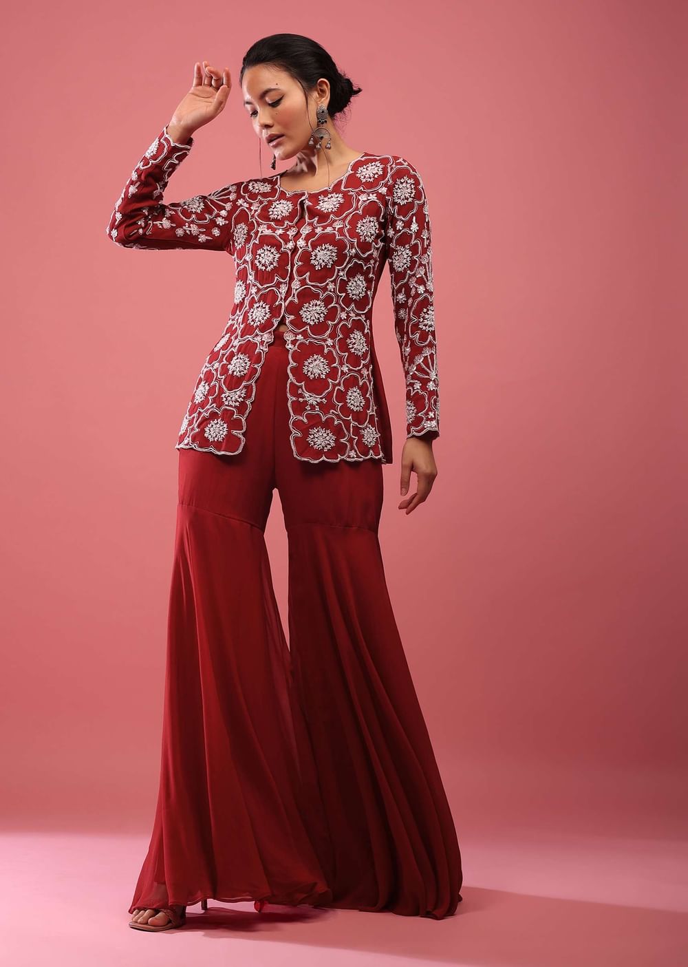 Scarlet Red Sharara Suit In Georgette With Fully Embroidered Top & Flowy Pants