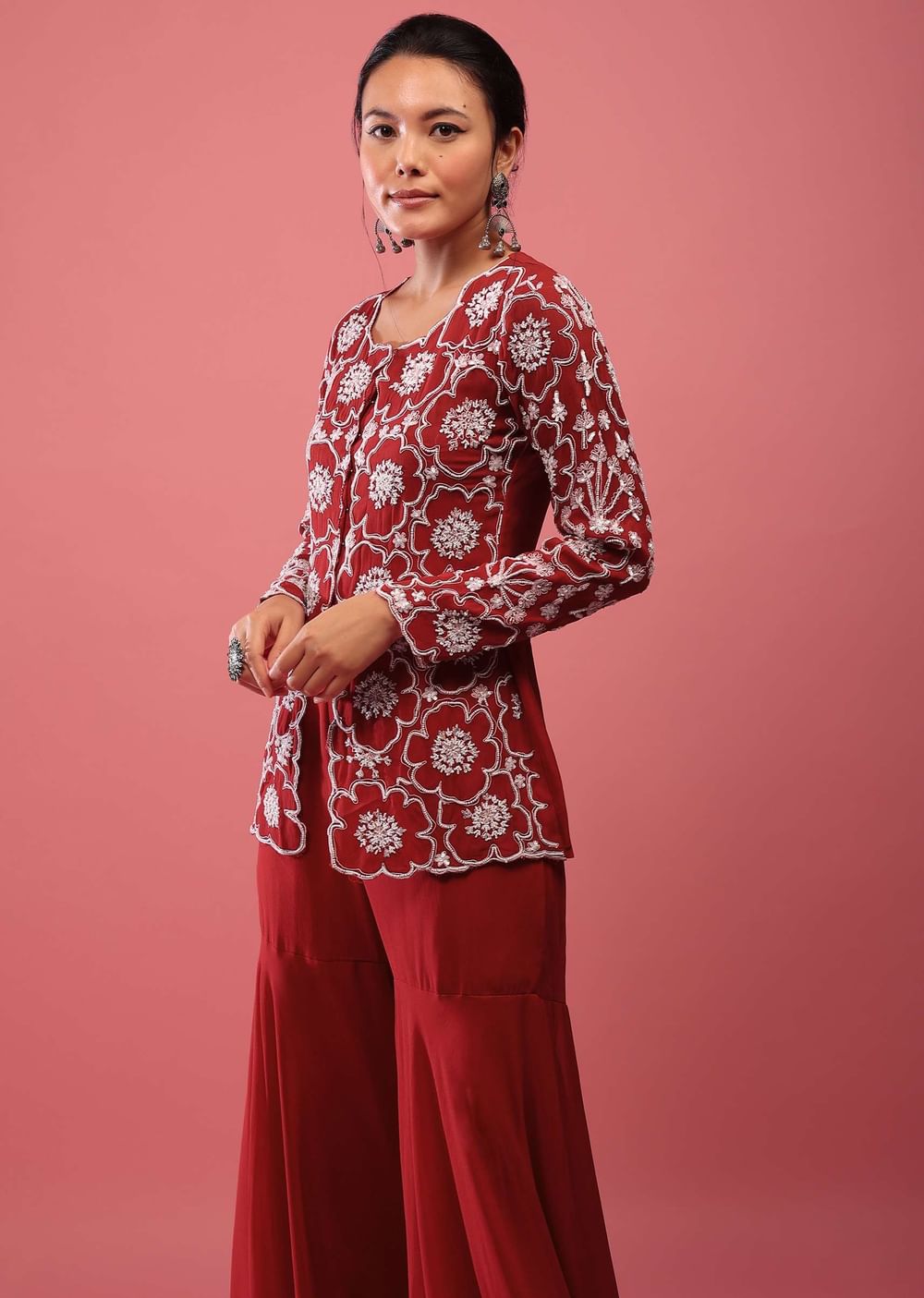 Scarlet Red Sharara Suit In Georgette With Fully Embroidered Top & Flowy Pants