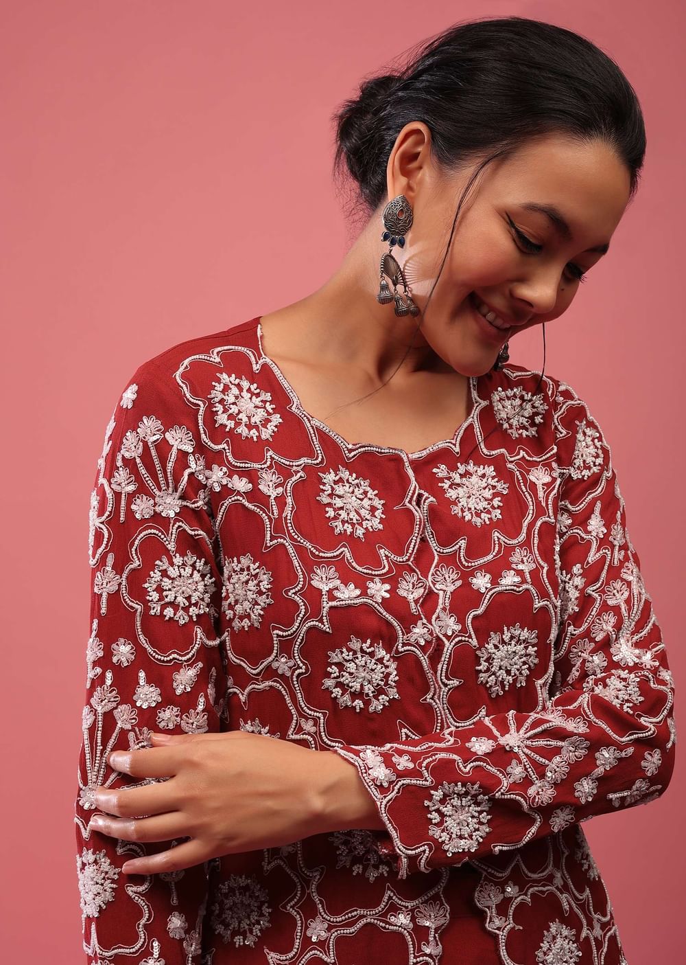 Scarlet Red Sharara Suit In Georgette With Fully Embroidered Top & Flowy Pants