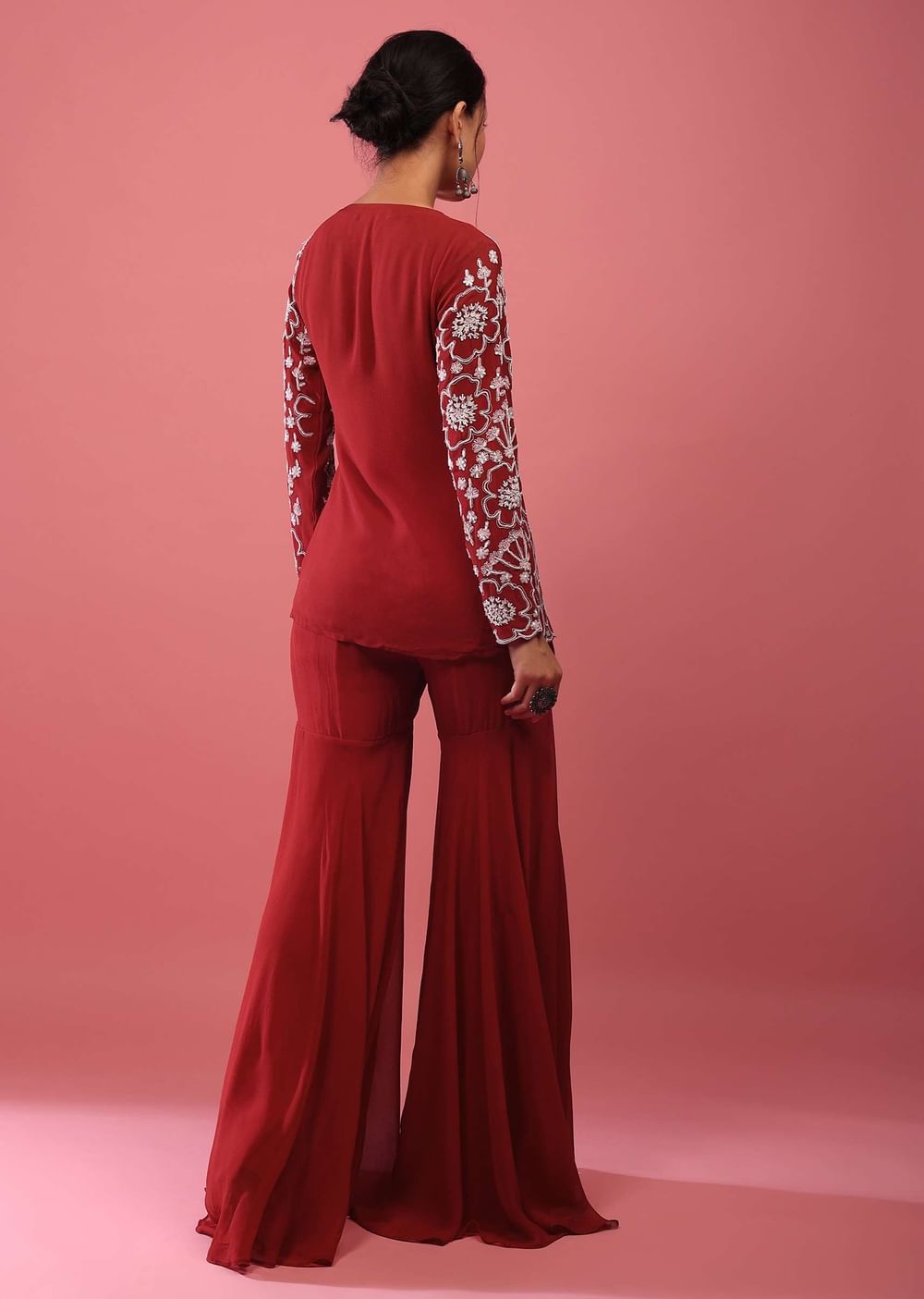 Scarlet Red Sharara Suit In Georgette With Fully Embroidered Top & Flowy Pants