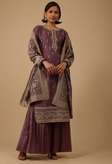 Burgundy Purple Silk Kurti And Chiffon Sharara Set With Brocade