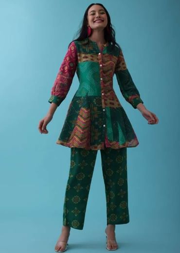 Peacock Green Printed Co-ord Set With Peplum Top In Silk - RE By Kalki