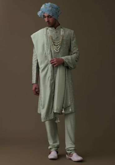 Pista Green Sherwani Set In Raw Silk With Cut Dana And Thread Embroidery