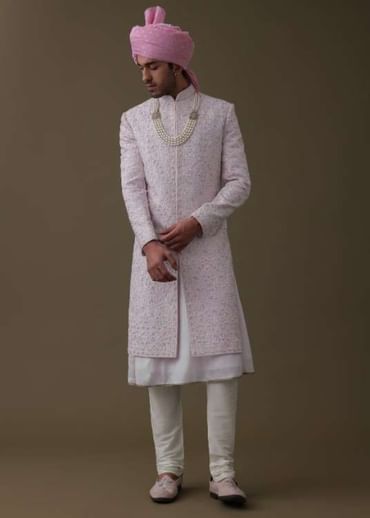 Petal Pink Sherwani Set In Tussar With Moti Work