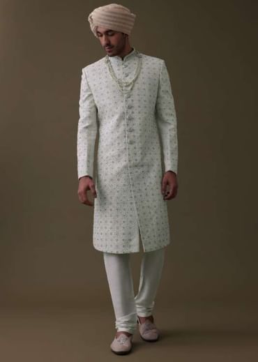 Ivory White Sherwani Set In Silk With Cut Dana Work