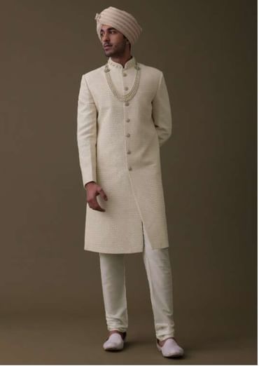 Off White Silk Sherwani Set With Lucknowi Embroidery And Mala