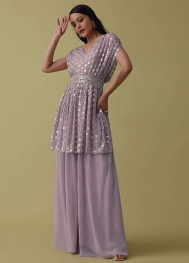 Lavender Purple Palazzo Top Set In Georgette With Sequins Work