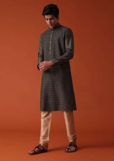 Charcoal Grey Kurta Set In Art Silk With Heavy Pleating