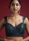 Sea Blue Blouse Embellished In Sequins With Tapering Straps On The Shoulders And Corset Neckline