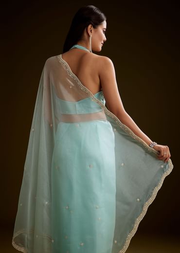 Sea Green Crush Tissue Saree With Stone And Moti Embroidery And Scallop Border