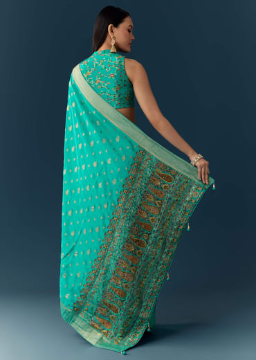 Sea Blue Dola Silk Saree with Woven Border and Unstitched Blouse