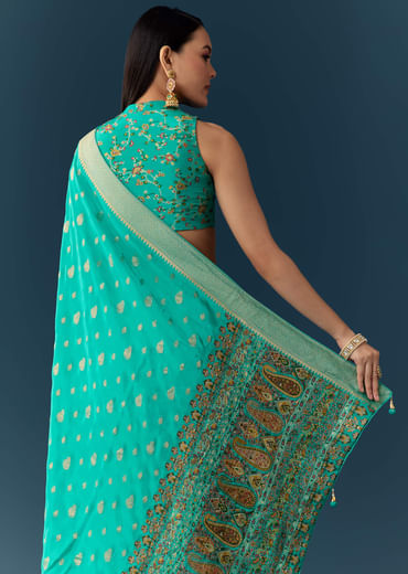 Sea Blue Dola Silk Saree with Woven Border and Unstitched Blouse
