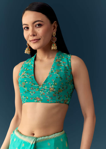 Sea Blue Dola Silk Saree with Woven Border and Unstitched Blouse