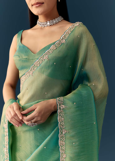Sea Green Embroidered Tissue Saree with Unstitched Blouse