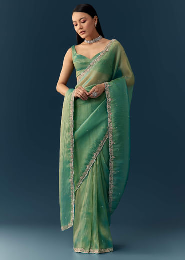 Sea Green Embroidered Tissue Saree with Unstitched Blouse