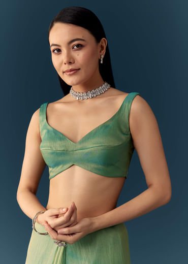 Sea Green Embroidered Tissue Saree with Unstitched Blouse