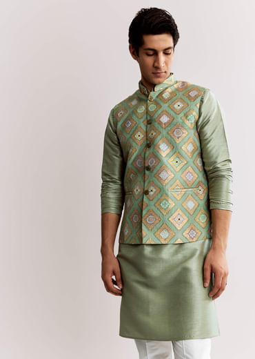 Sea Green Silk Kurta Jacket Set With Geometric Print