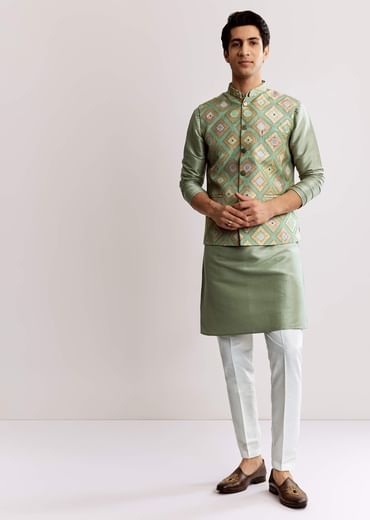 Sea Green Silk Kurta Jacket Set With Geometric Print