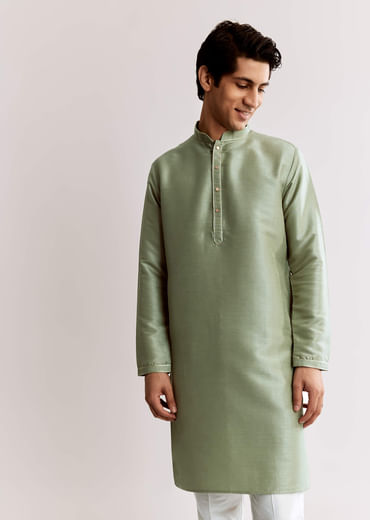 Sea Green Silk Kurta Jacket Set With Geometric Print