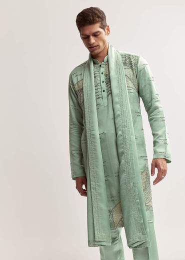 Sea Green Silk Kurta Set For Men With Bead Embroidery