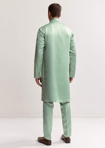 Sea Green Silk Kurta Set For Men With Bead Embroidery