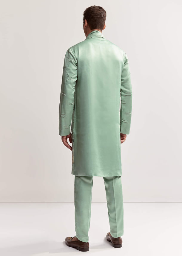 Sea Green Silk Kurta Set For Men With Bead Embroidery