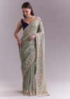 Sea Green Tissue Embroidered Saree With Floral Buttis